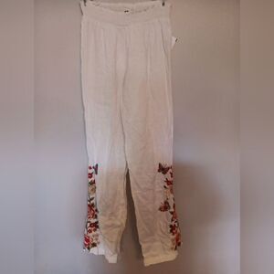 Johnny Was JW Los Angeles Linen Pants Embroidered Flowers Butterfly Sz XS NWOT